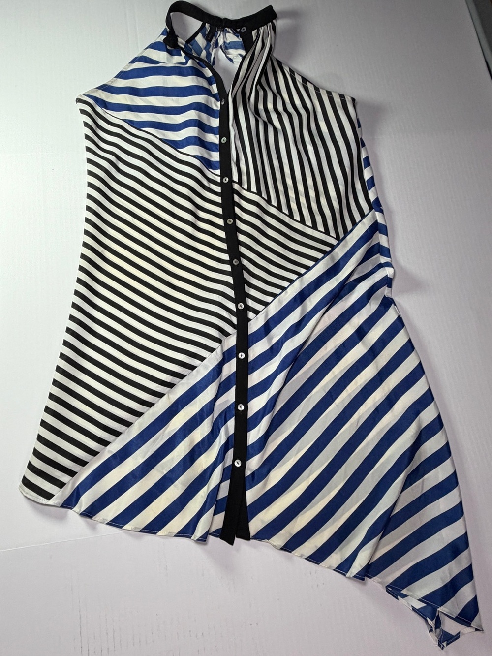 Aryn K Black, White & Blue Asymmetrical Striped Button dress